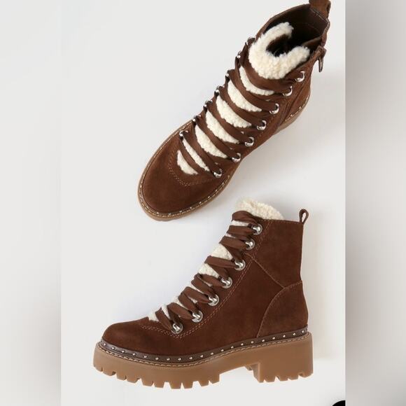 Steve Madden Woman’s Rainier Cognac Suede Leather Lace-Up Platform Ankle Boots - Picture 3 of 10